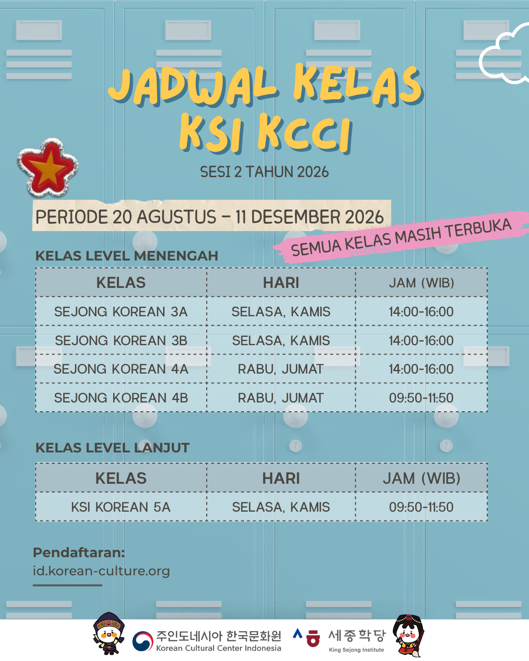 [PENDAFTARAN TAHAP 2] KELAS BAHASA KOREA KSI KCCI SESI 2 TAHUN 2026