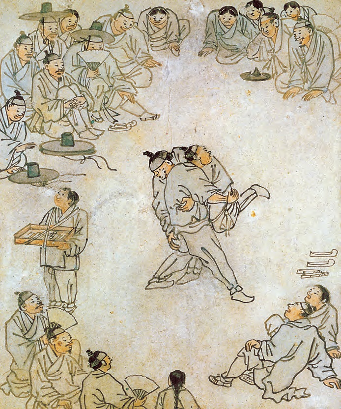 <b>단원 김홍도(檀園 金弘道, 1745~1806)의 ‘씨름’(조선, 18세기).</b> 한국의 전통 스포츠인 씨름 경기 장면을 구경꾼들이 앉아서 바라본 시각을 그대로 옮겨와 실제 씨름 장면을 연상케 한다. 현장감뿐만 아니라 그림 속 인물들의 각기 다른 표정과 모습에서 생동감을 느낄 수 있는 작품이다.