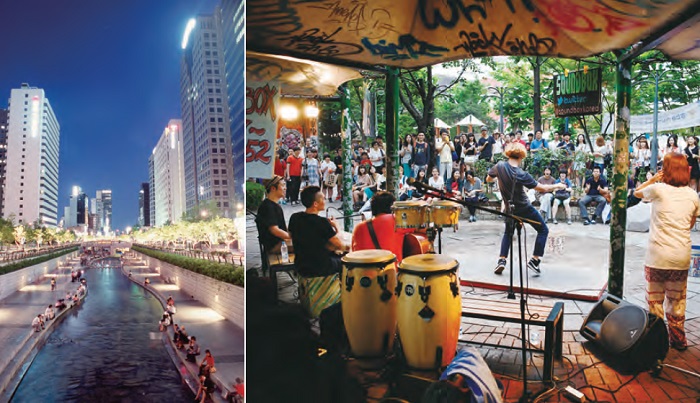 Cheonggyecheon Stream Plaza (up). An attractive space for relaxation and refreshment in the heart of downtown Seoul. Hongdae District. Streets crowded with young and ambitious artists and spectators